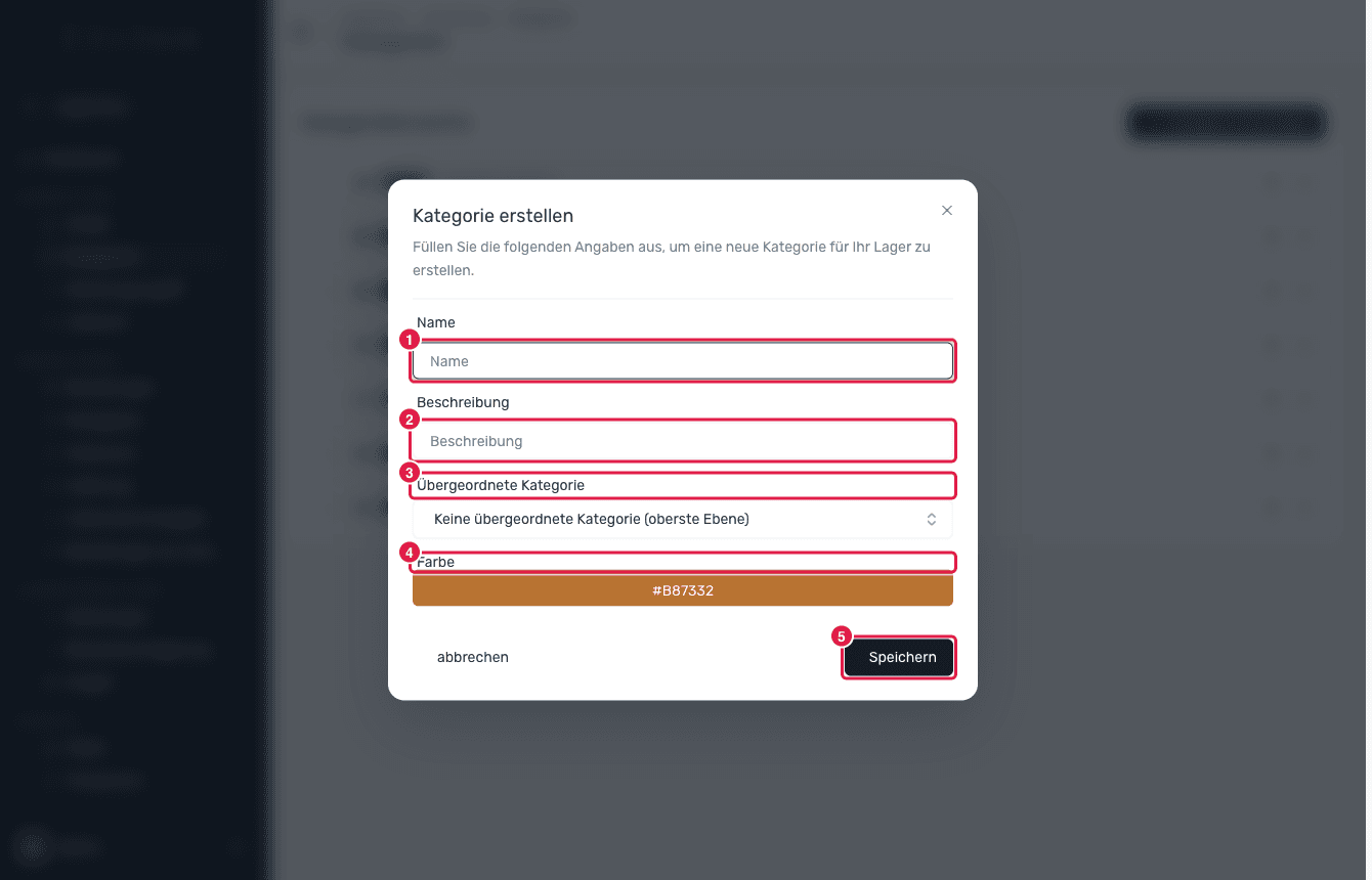 Der Dialog Kategorie erstellen mit hervorgehobenen Feldern