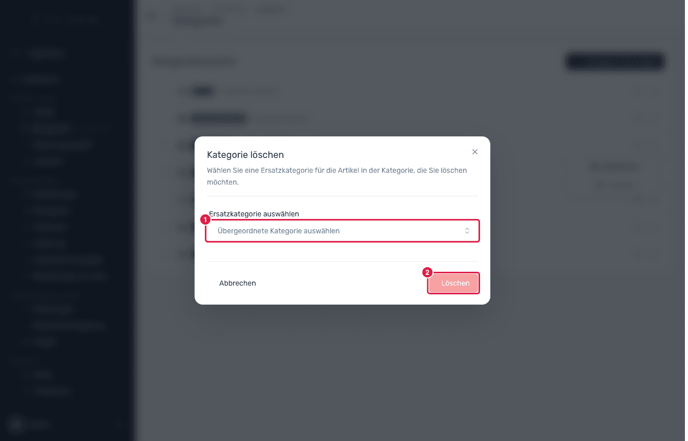 Der Dialog Kategorie löschen, der nach einer Ersatzkategorie fragt