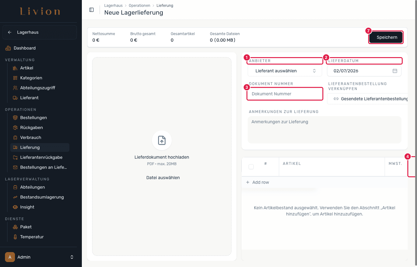 Das Formular Neue Lieferung mit Lieferant, Datum und Artikelzeilen