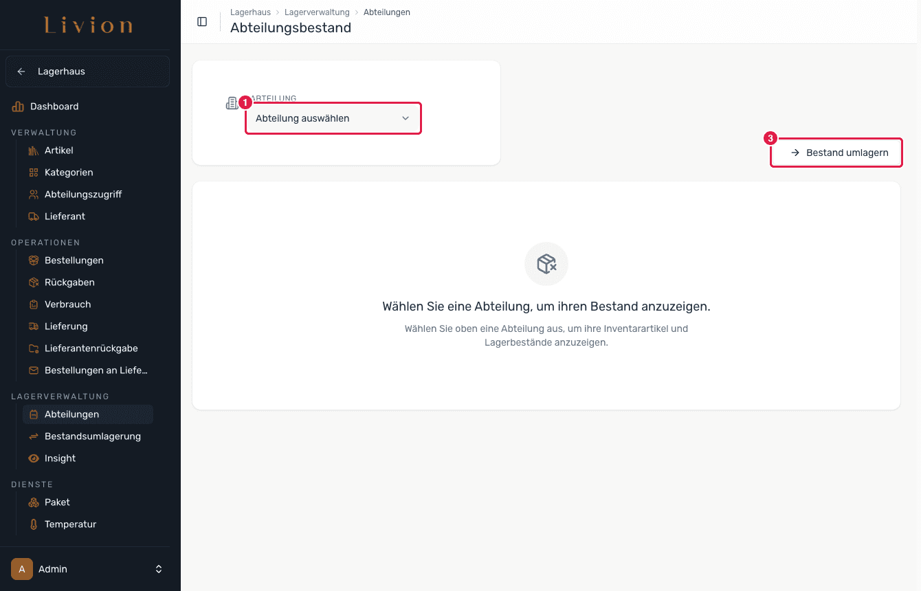 Die Seite Abteilungsbestand mit der Abteilungsauswahl