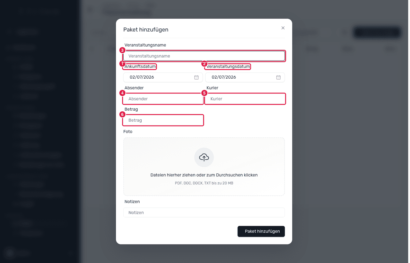 Der Dialog Add Parcel mit seinen Feldern