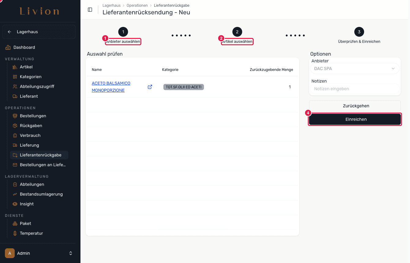Die Rückgabedetails mit den Aktionen Dokument, E-Mail und Zurücksetzen