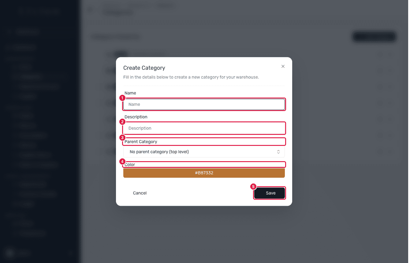 The Create Category dialog with its fields highlighted