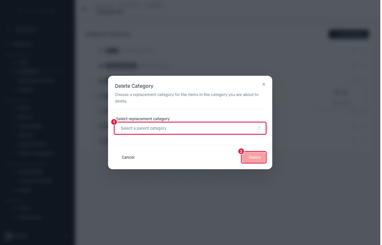 The Delete Category dialog asking for a replacement category