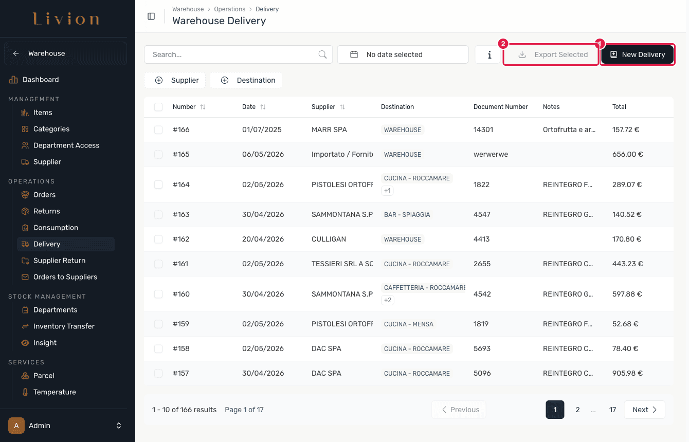 The Warehouse Delivery list with the New Delivery button highlighted