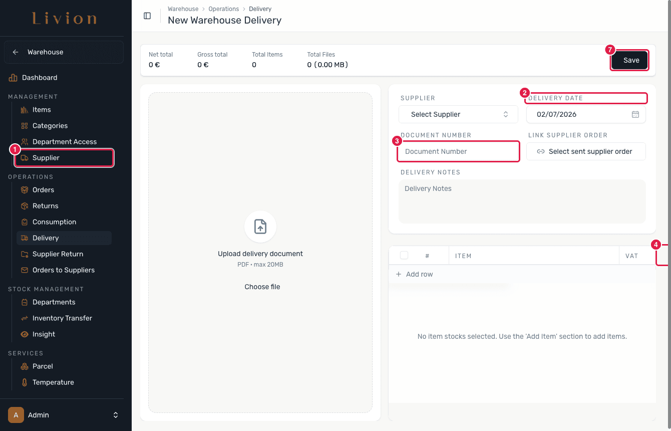 The New Delivery form with supplier, date and item lines