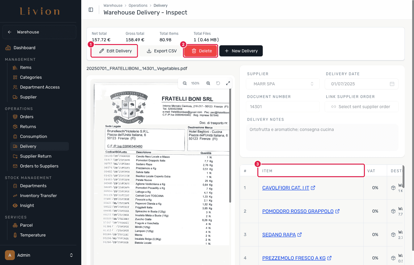 A delivery detail with edit and delete actions