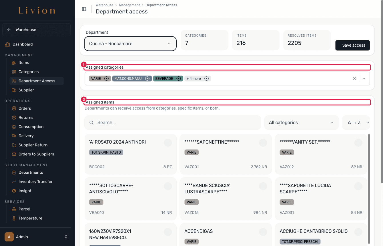 Selecting categories and items for a department