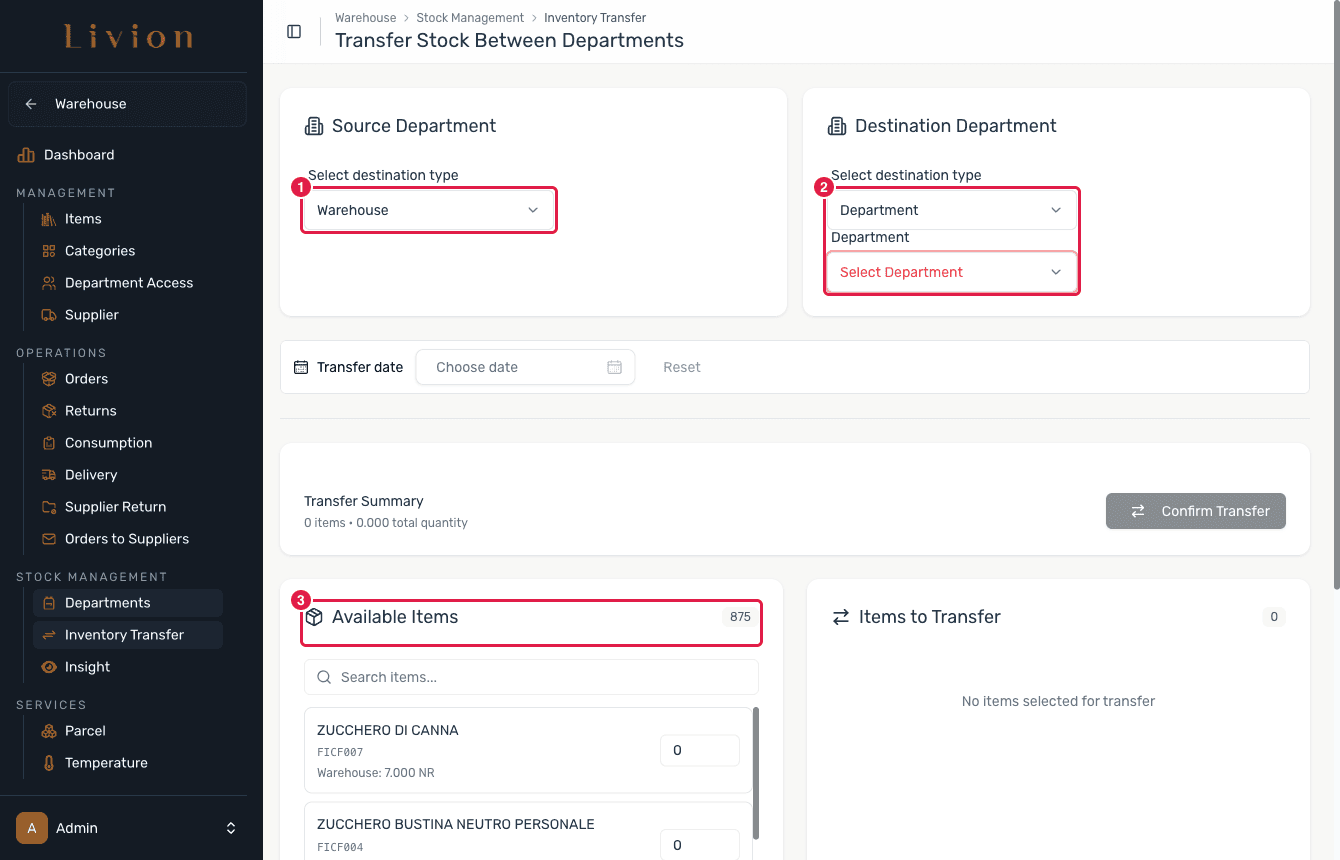 The New Transfer form with source and destination selectors
