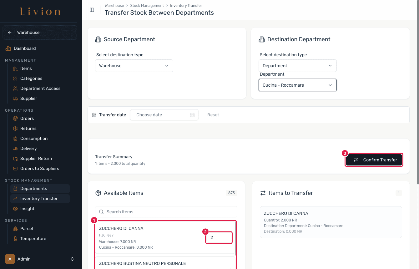 Adding items with quantities to a transfer before confirming