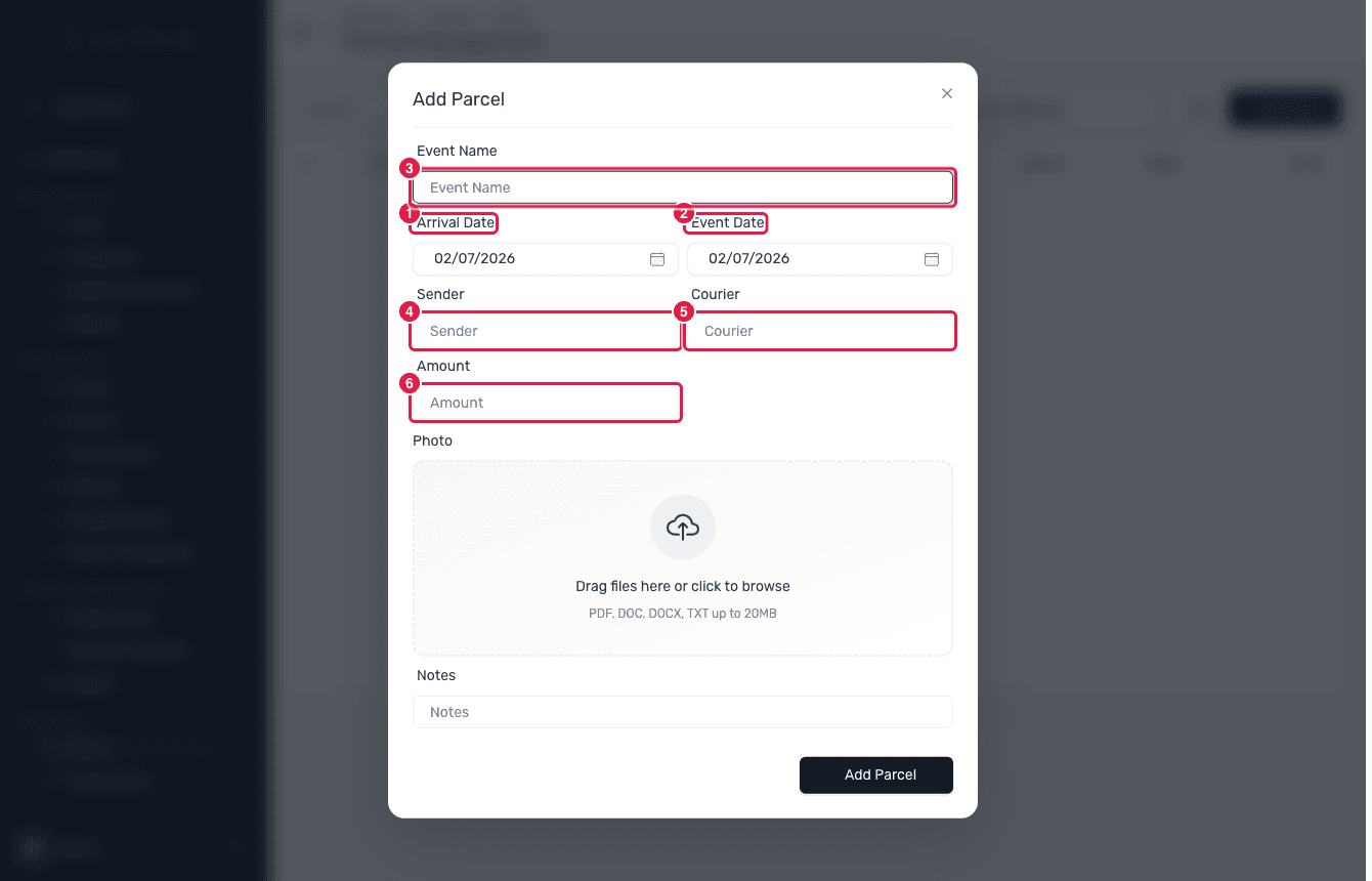 The Add Parcel dialog with its fields