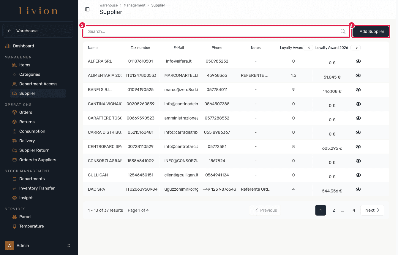 The supplier list with the toolbar highlighted
