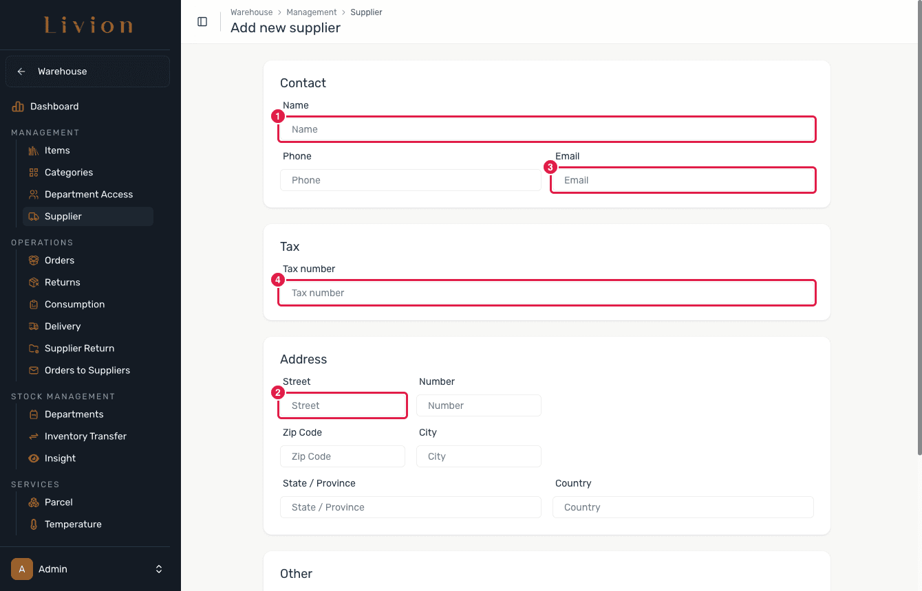 The Add Supplier form with its fields highlighted