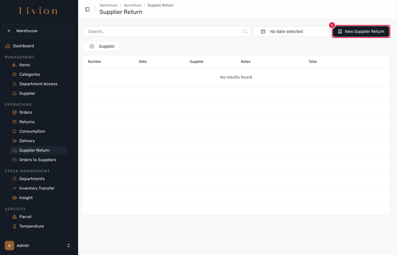 The Supplier Return list with the create button highlighted
