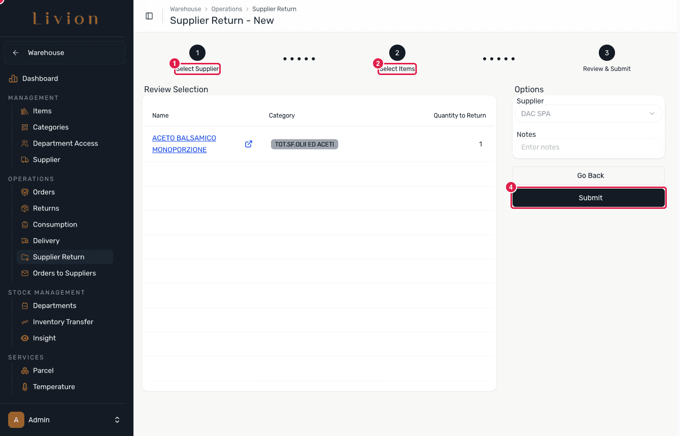 The supplier return detail with document, email and revert actions