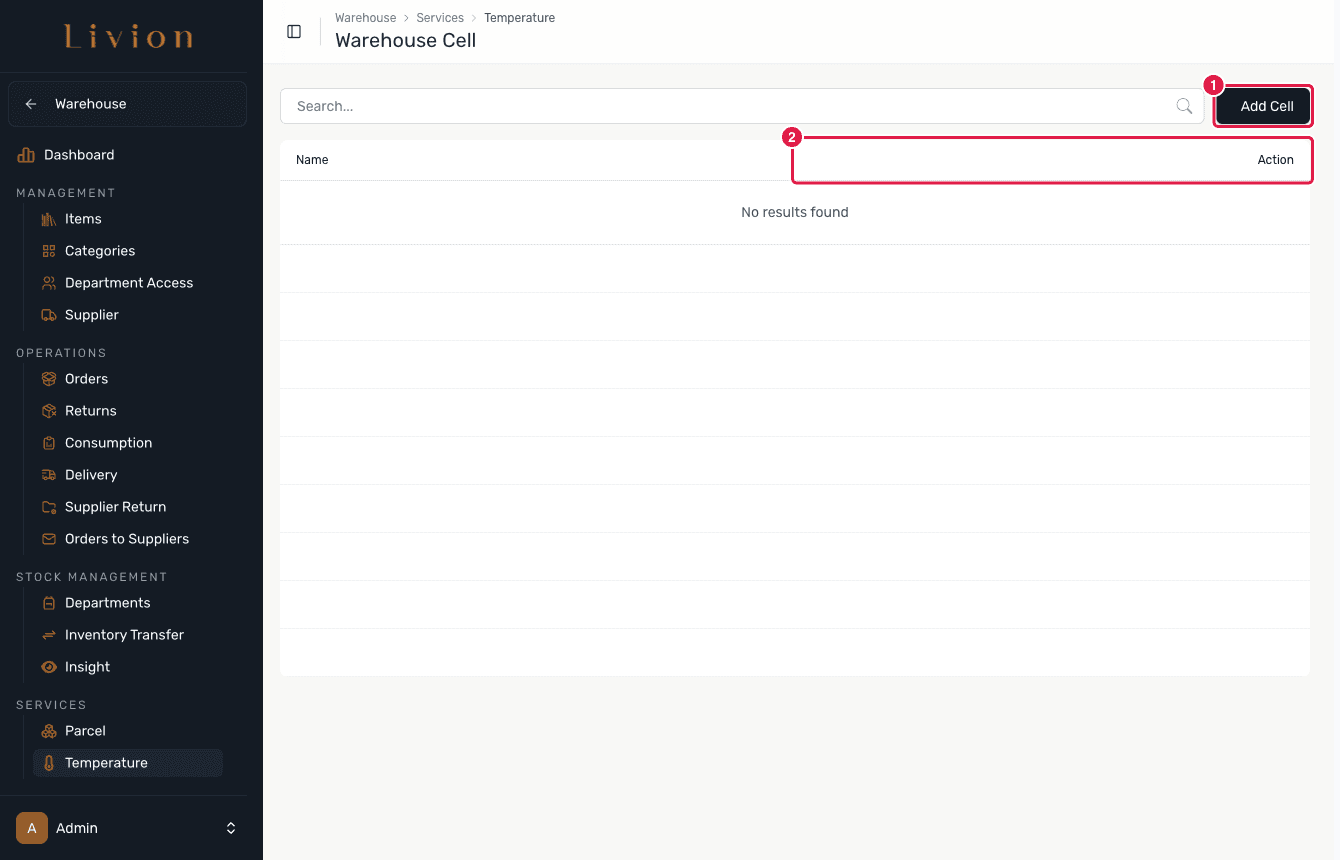 The cell management page for warehouse cells