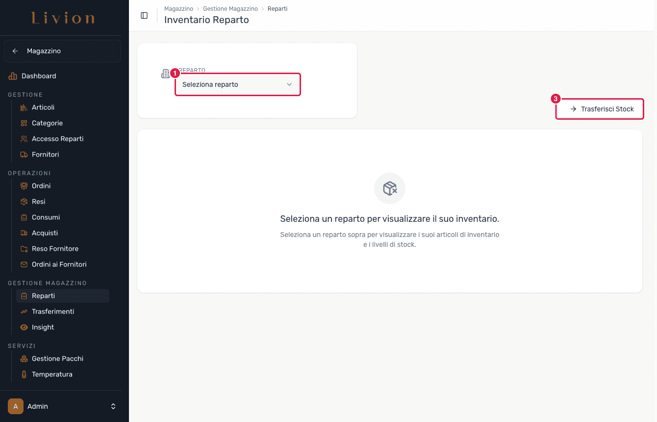 La pagina Inventario Reparto con il selettore del reparto
