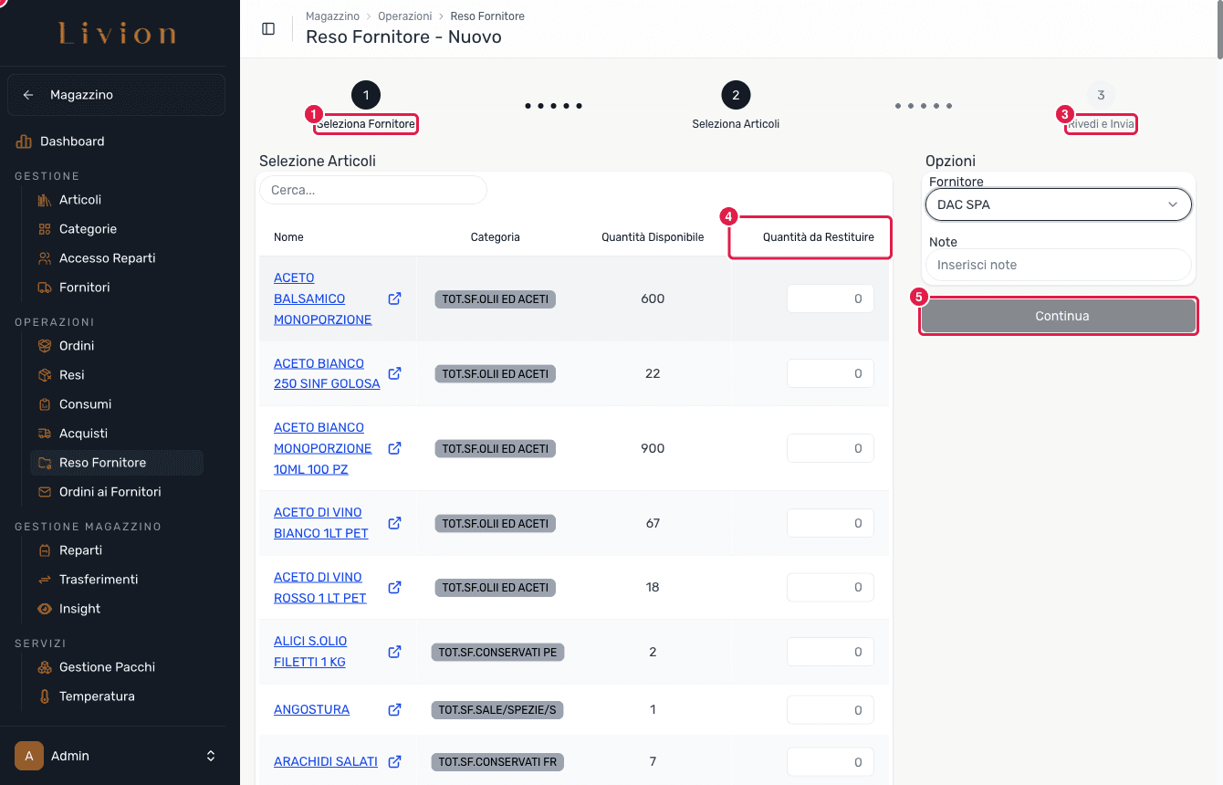 La procedura guidata del reso fornitore al passo Select Items