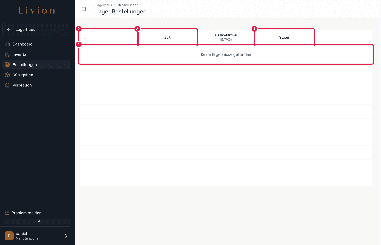 Erstellen einer Lagerbestellung und die Liste der Bestellungen mit ihrem Status