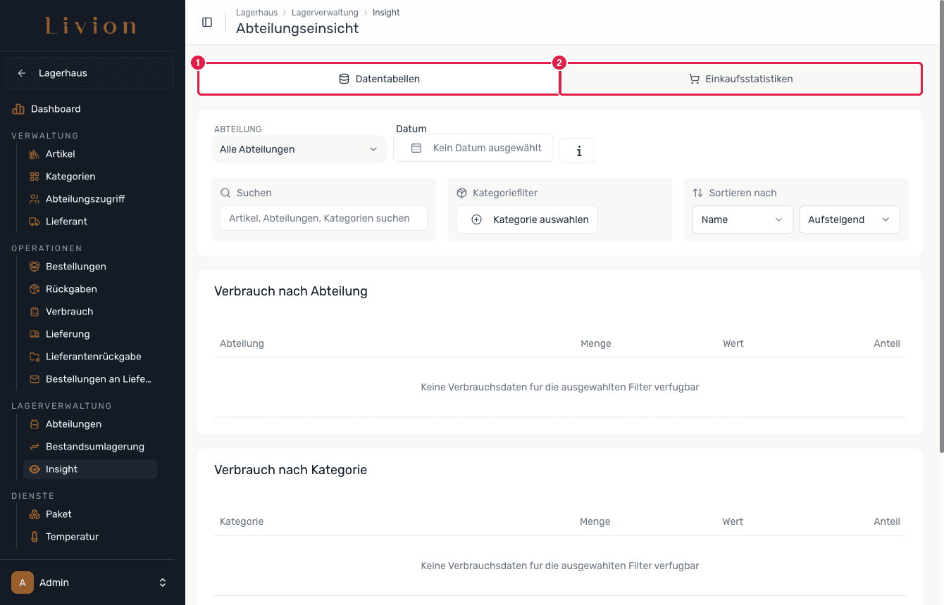 Die Seite Abteilungseinsicht mit ihren zwei Registerkarten