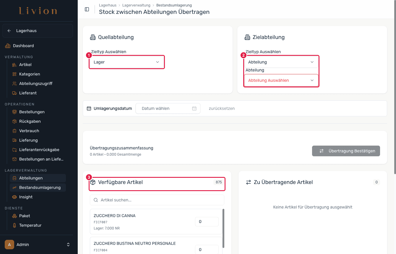 Das Formular Neue Übertragung mit Quell- und Zielauswahl