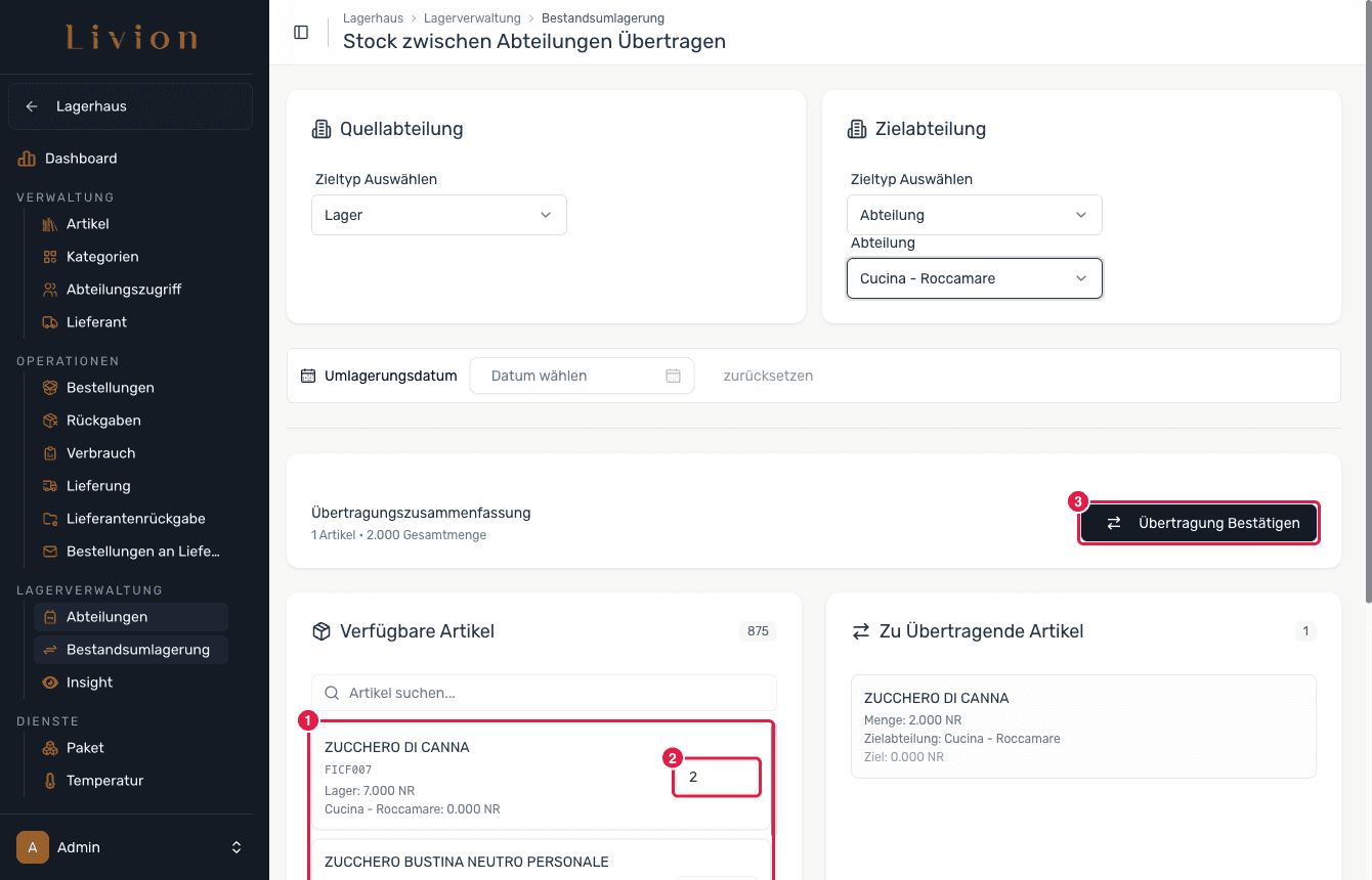 Hinzufügen von Artikeln mit Mengen zu einer Übertragung vor der Bestätigung
