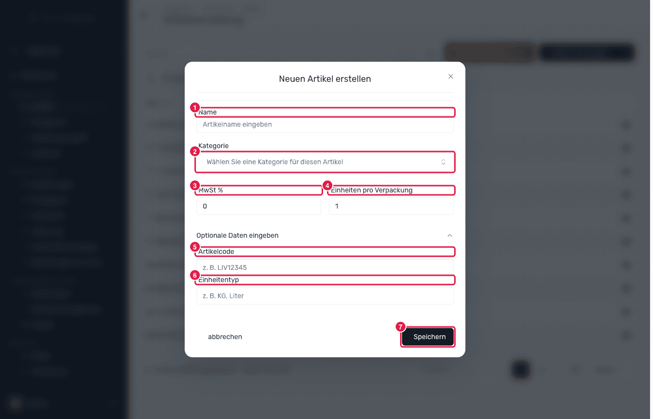 Der Dialog Neuen Artikel erstellen mit hervorgehobenen Feldern