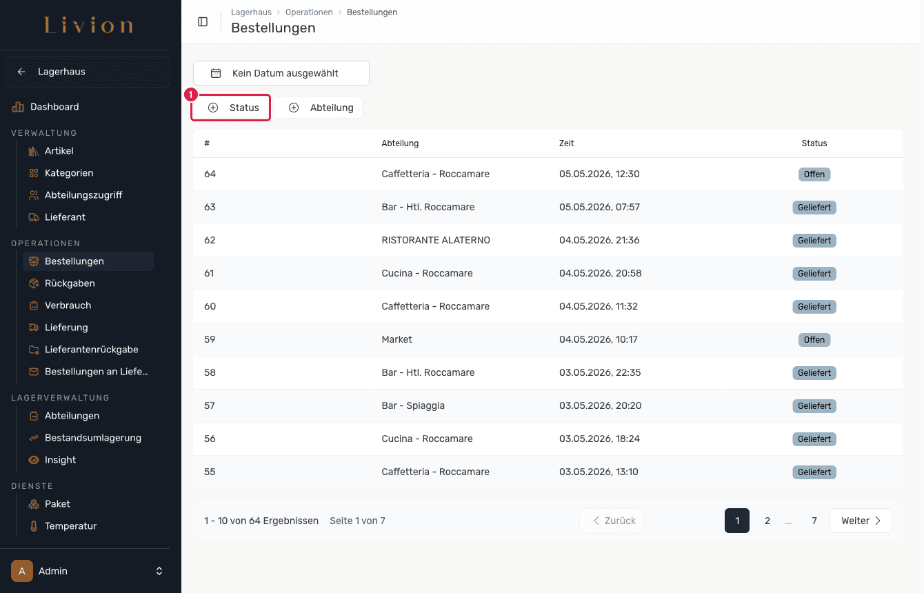Die Bestellliste mit hervorgehobenen Status-Registerkarten und Export