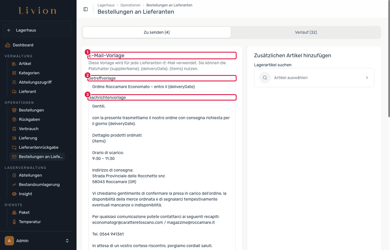 Der Editor für die E-Mail-Vorlage