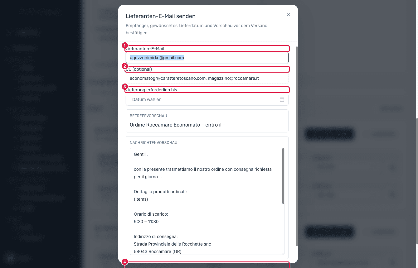 Der Sendedialog für eine Lieferantenbestell-E-Mail