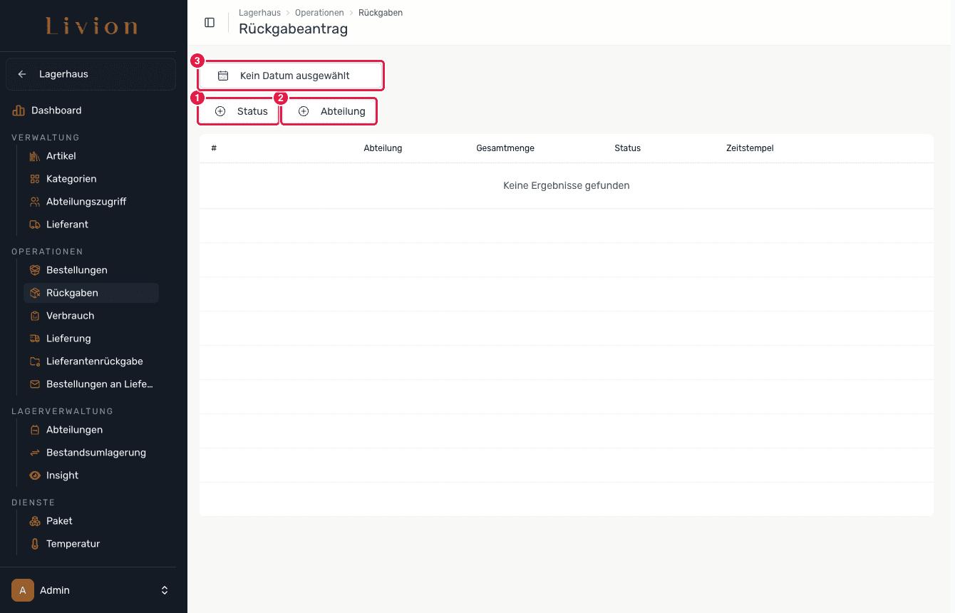 Die Rückgabeliste mit hervorgehobener Statusspalte