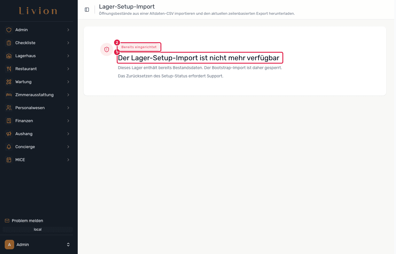 Die Setup-Import-Seite im gesperrten Zustand auf einer konfigurierten Instanz