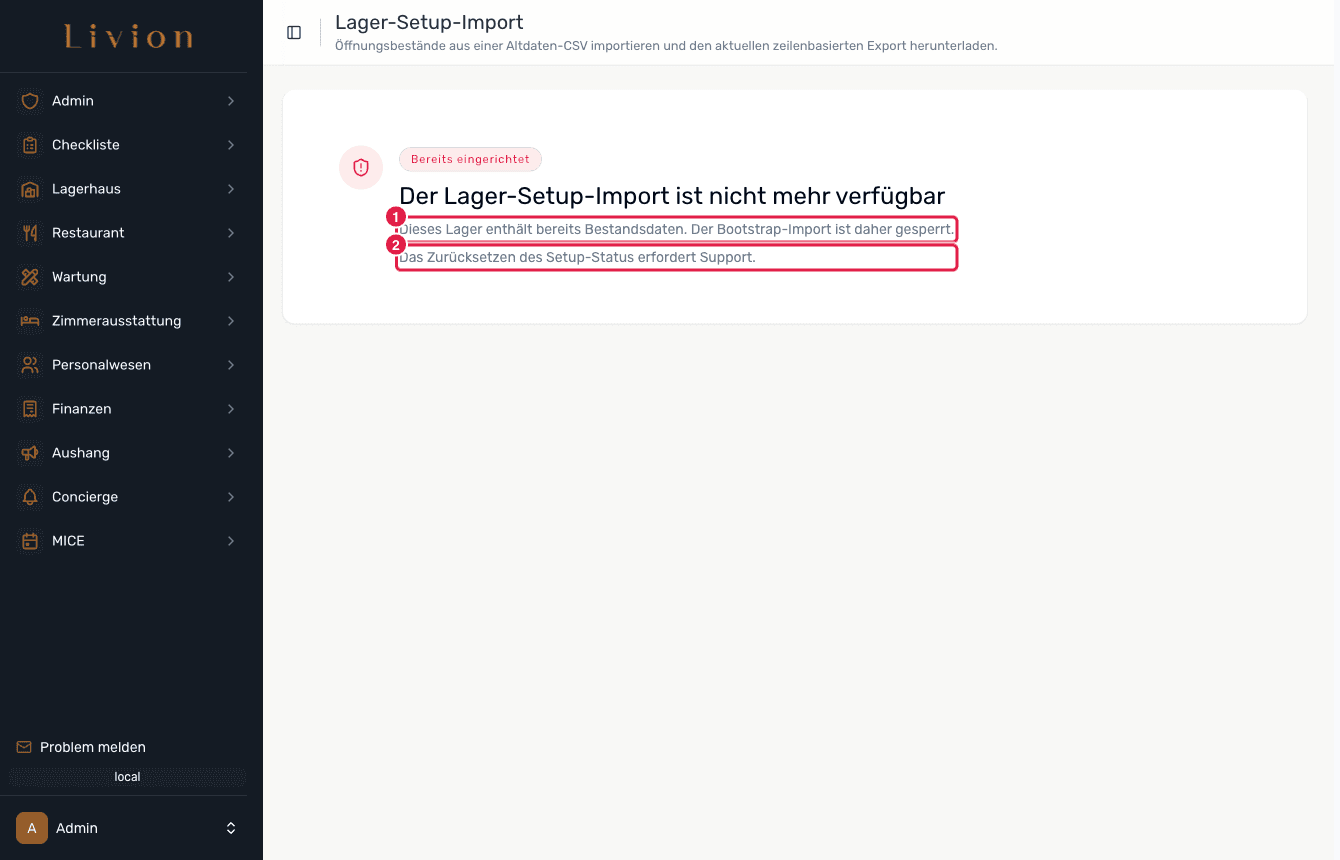 Die gesperrte Setup-Import-Seite, die die einmalige Sperre erklärt