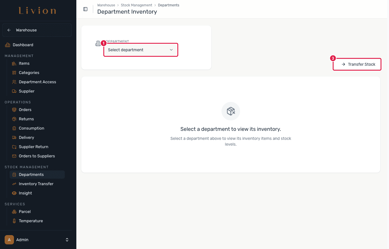 The Department Inventory page with the department selector