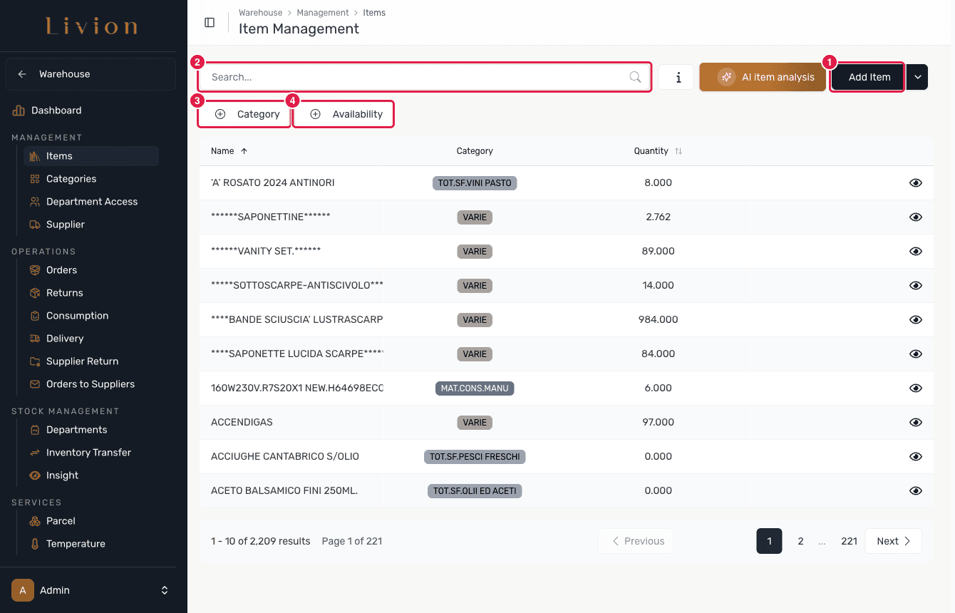 The Item Management list with the toolbar highlighted