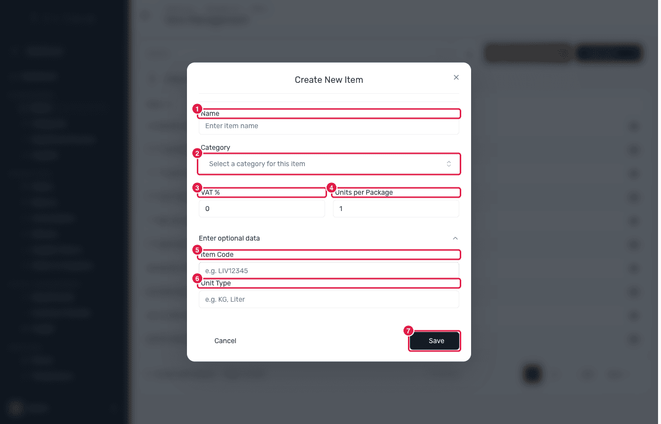 The Create New Item dialog with its fields highlighted