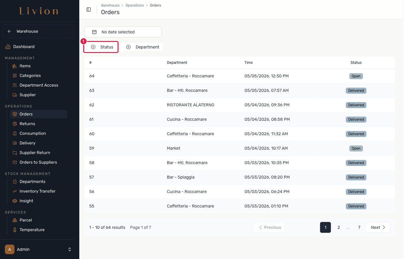 The Orders list with the status tabs and export highlighted