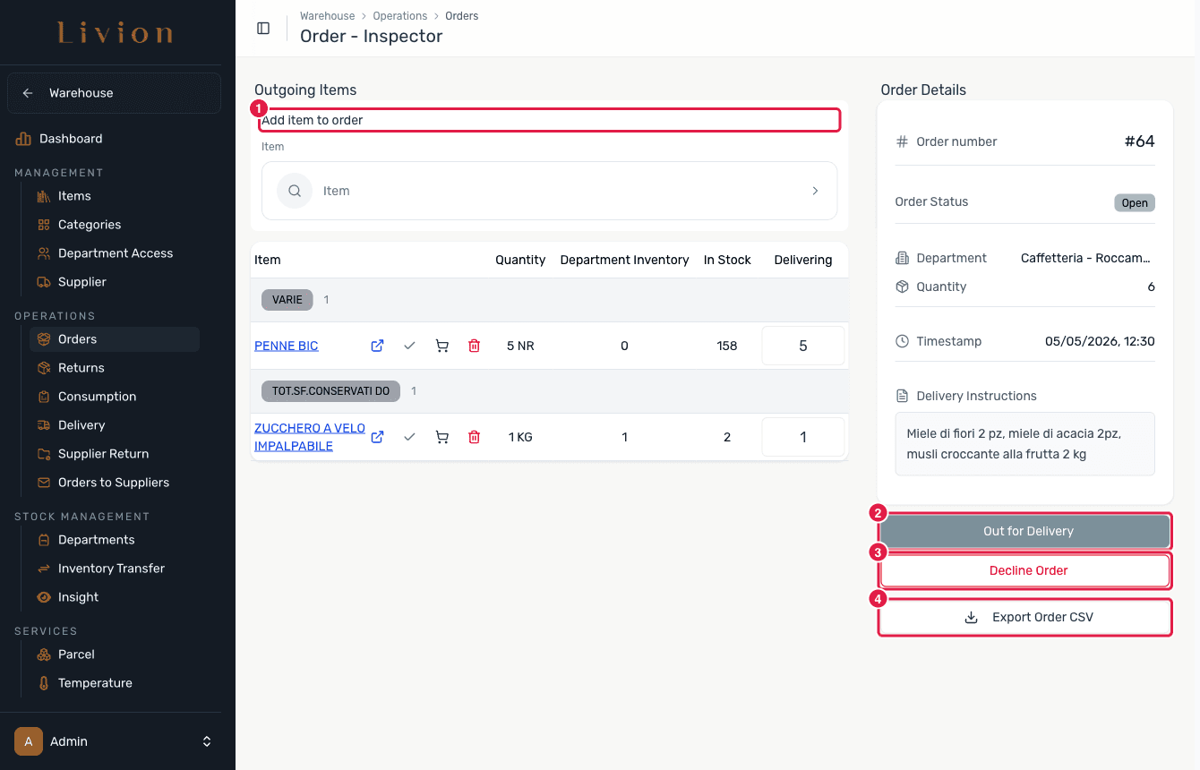 The Order Inspector showing requested items