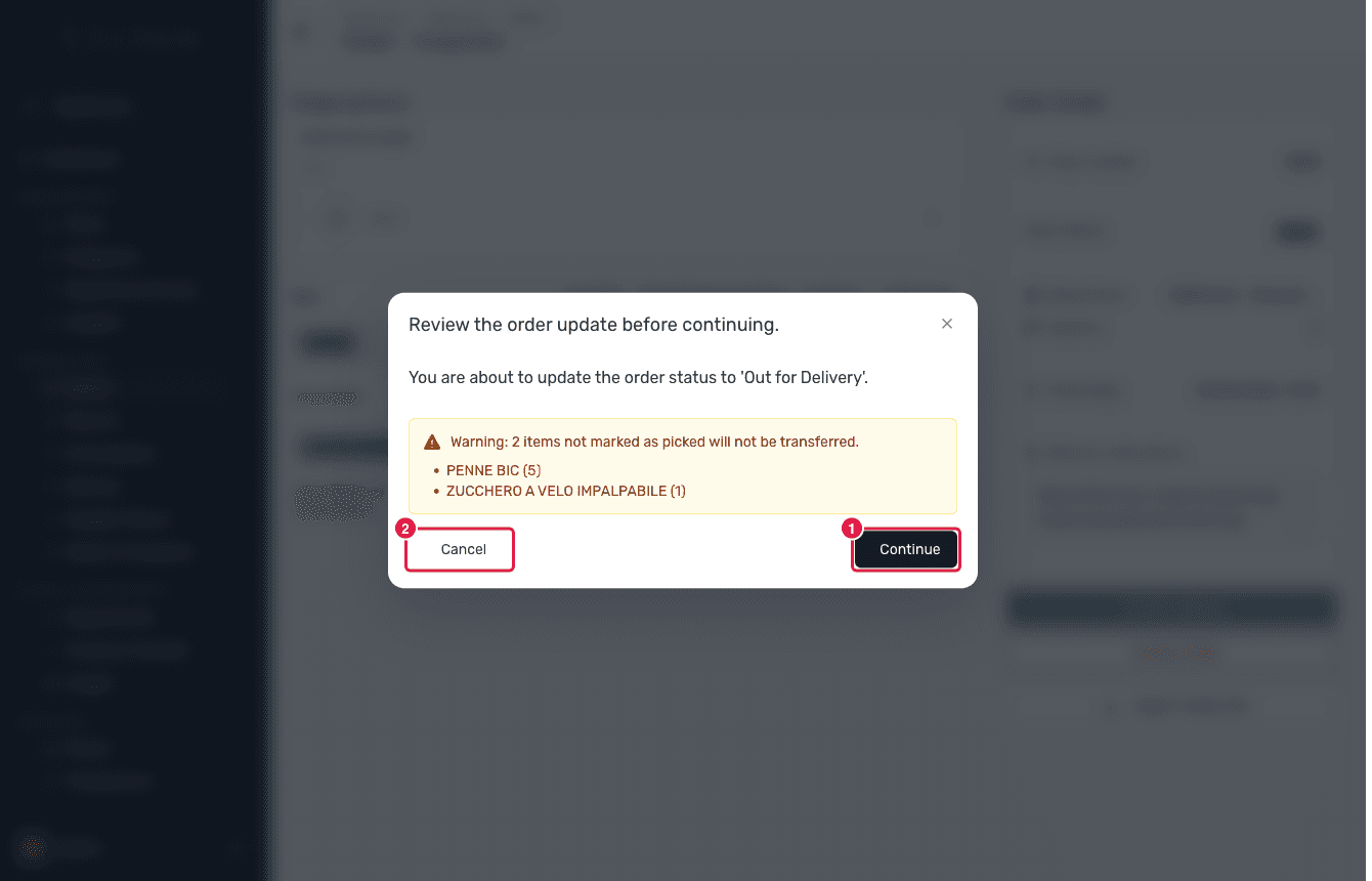 The fulfilment dialog with per-item confirmation quantities
