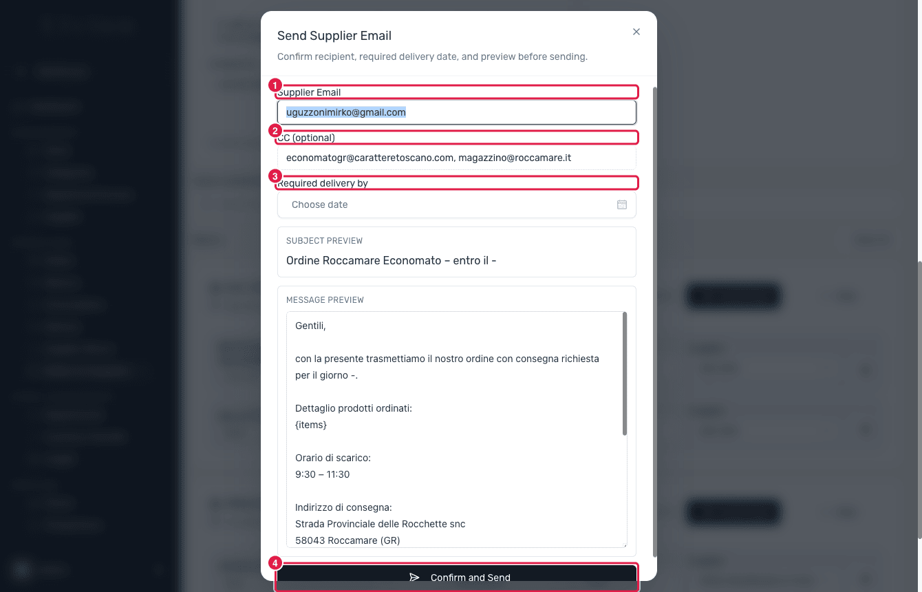 The send dialog for a supplier order email