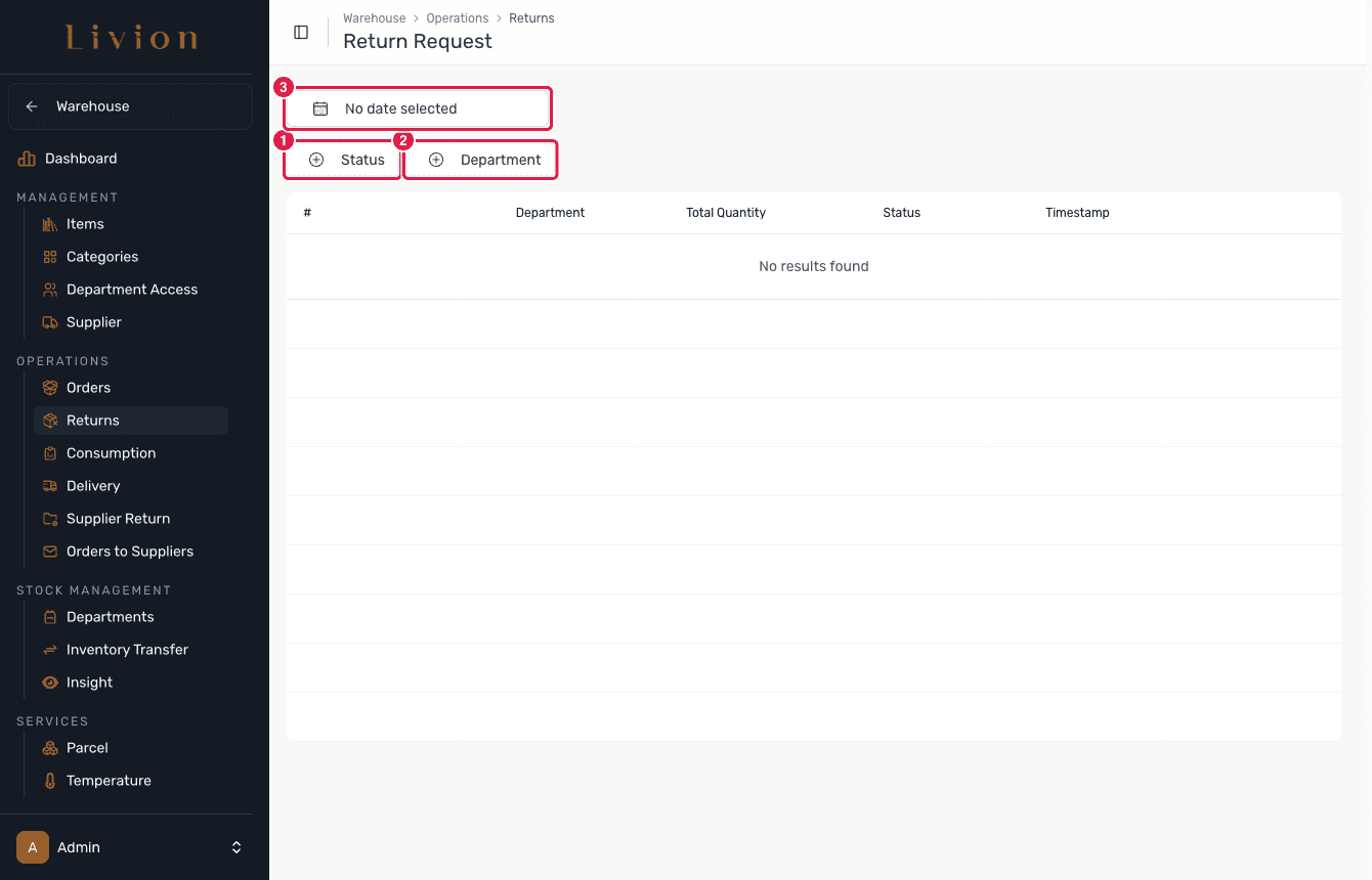 The Return Request list filters with no returns yet