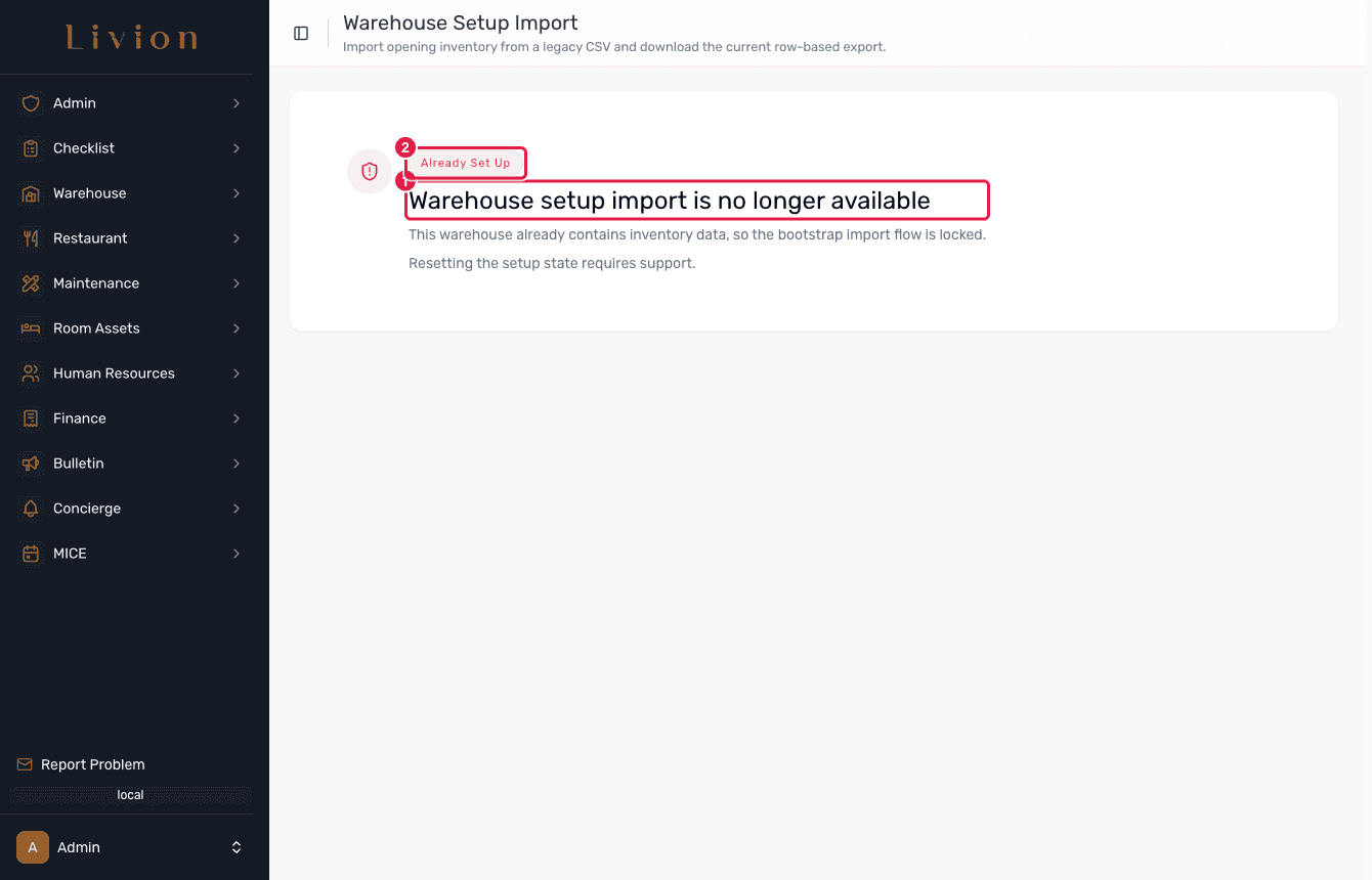 The Setup Import page in its locked state on a configured instance