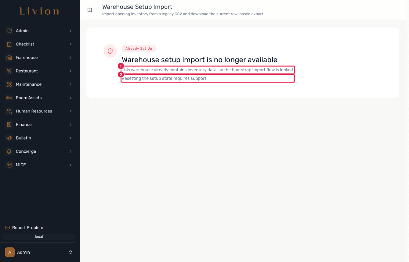 The locked Setup Import page explaining the one-time lock