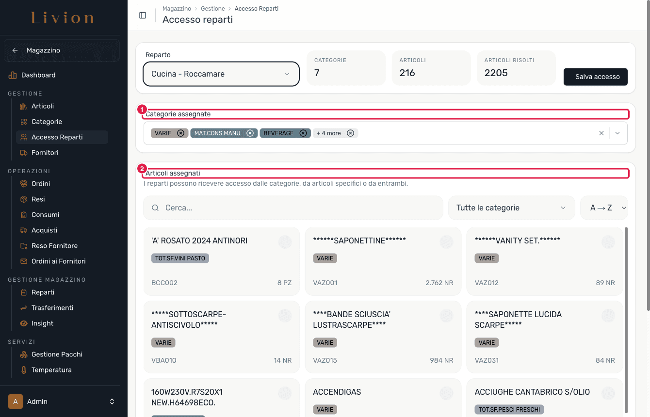 Selezione di categorie e articoli per un reparto