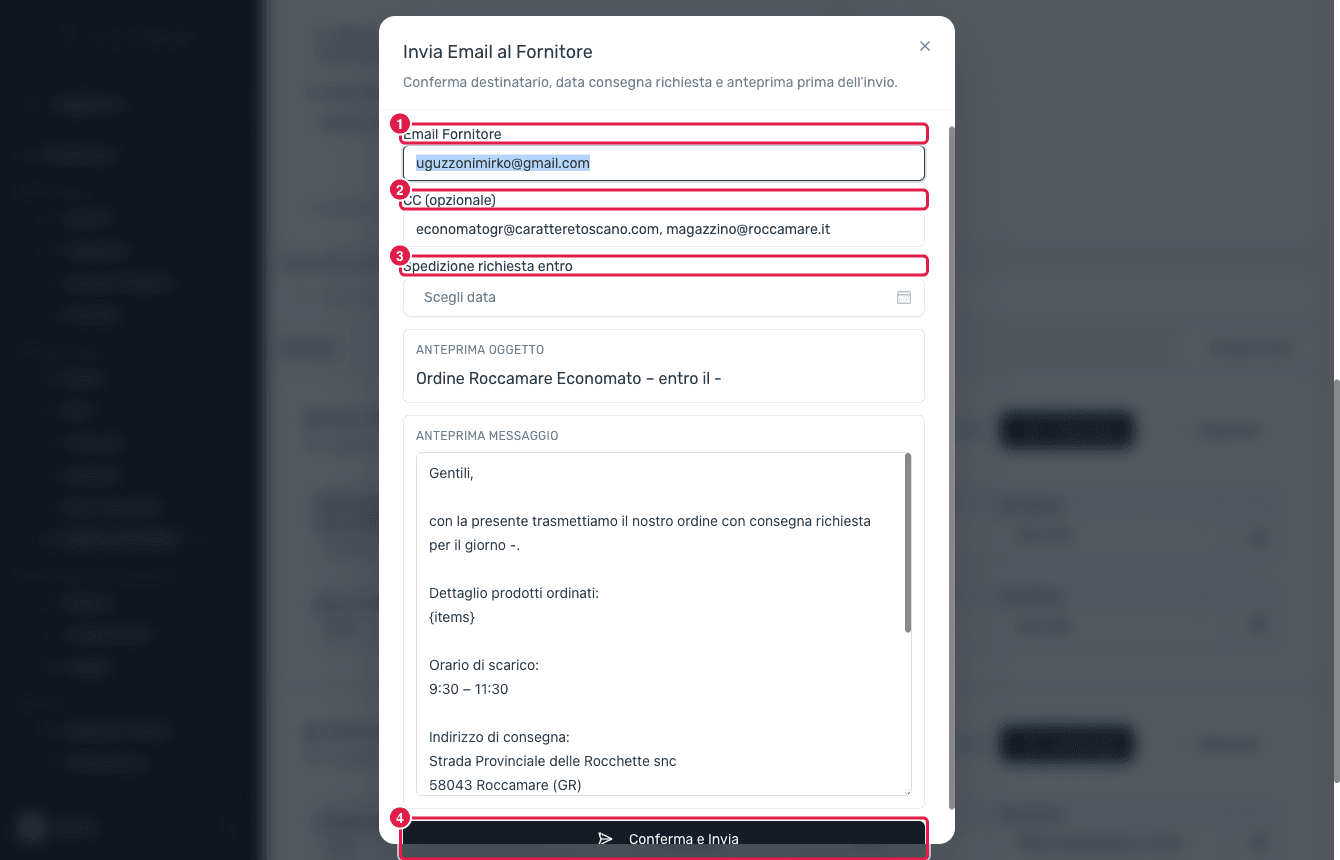 La finestra di invio dell'email ordine al fornitore