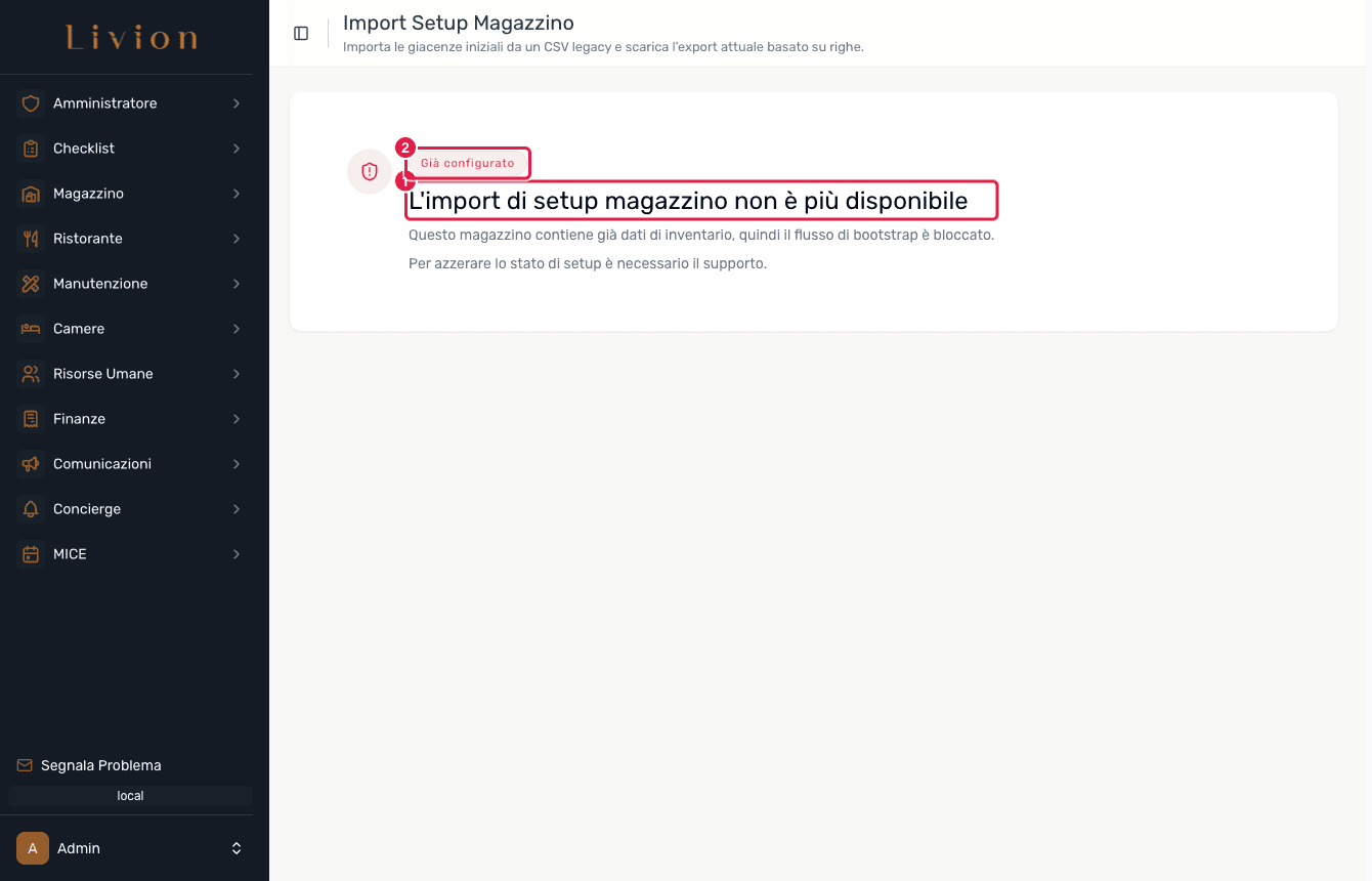 La pagina Import Setup nello stato bloccato su un'istanza già configurata
