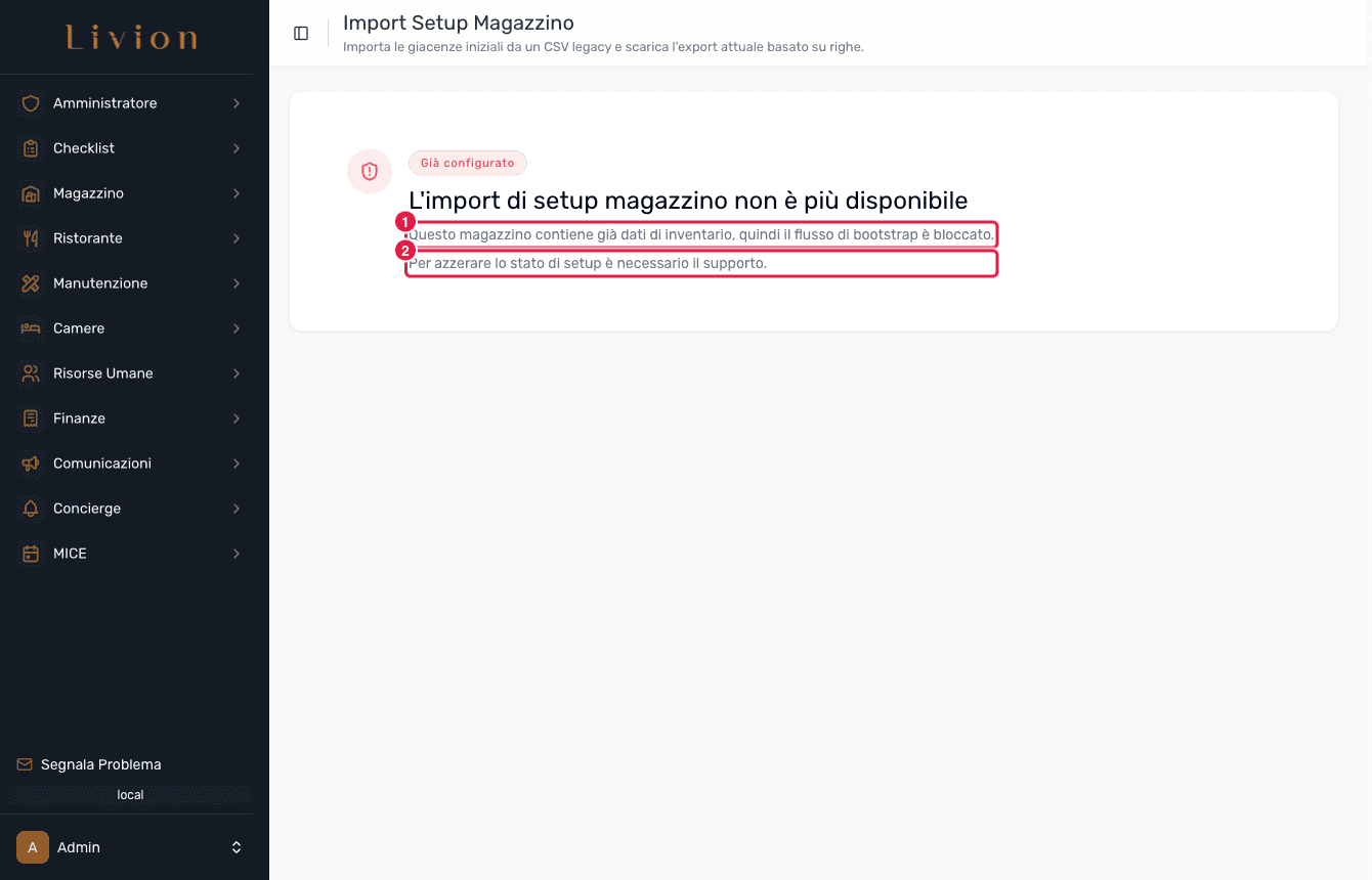 La pagina Import Setup bloccata che spiega il blocco una tantum